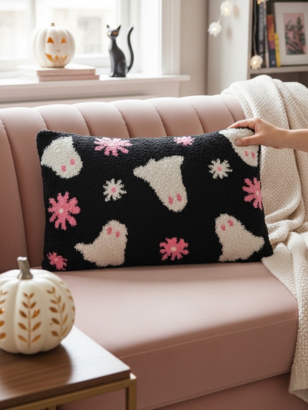 NWT Novogratz Tik Tok Famous Decorative Ghost Pillow Black Pink Halloween